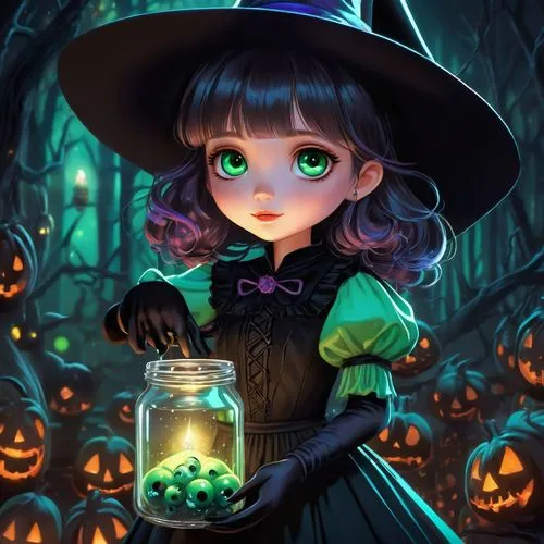 (dimly lit spooky ethereal perfect artwork), (stunning + beautiful:1.4), (masterpiece, best quality:1.2), (young little girl, witch), (kawaii, moe, large eyes, black dress, long black_gloves), (jar fu