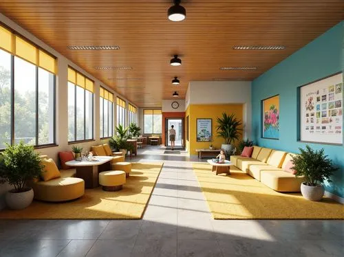 daylighting,school design,mid century modern,lobby,breezeway,midcentury,children's interior,phototherapeutics,modern decor,contemporary decor,therapy center,modern office,interior modern design,sunroom,nurseries,hallway space,foyer,atriums,interior design,offices