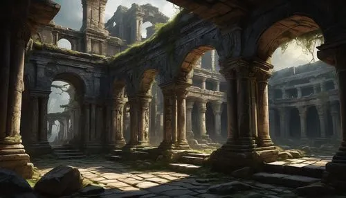 ruins,ancient city,labyrinthian,ruin,ancient buildings,hall of the fallen,mausoleum ruins,ancient,necropolis,ancient ruins,sepulchres,pillars,theed,coliseum,ancient house,sulaco,the ruins of the,khandaq,the ruins of the palace,karakas,Conceptual Art,Fantasy,Fantasy 34