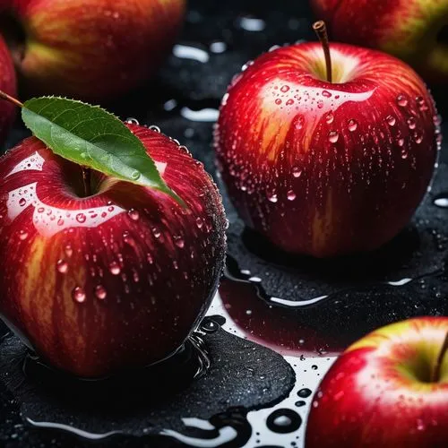 On black marble with a puddle underneath, 
 red apples with water droplets and leaves,red apples,apfel,red apple,manzana,apples,apple pair,appletons,ripe apple,applebome,manzanas,apple pattern,dapple,