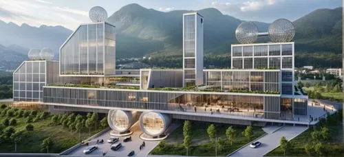 Commercial building with a mountain backdrop,futuristic architecture,guizhou,guiyang,danyang eight scenic,changfeng,shanyang,xiangshan,arcology,building valley,guilin,yulong,chongqing,solar cell base,