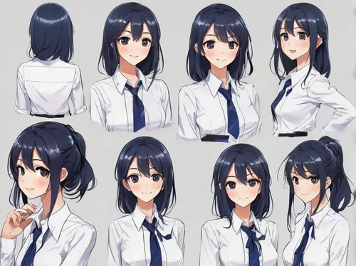  different facial expression an anime girl in a white shirt and black tie, in the style of light navy, staining, frontal perspective, playful innocence, shiny, foreshortening techniques,long straight 