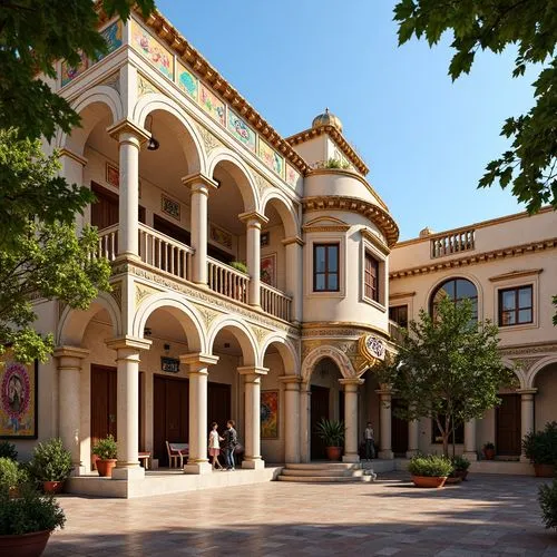 Vibrant kindergarten facade, Byzantine-inspired arches, ornate stone carvings, colorful mosaic patterns, golden domes, intricate stucco work, rustic brick walls, rounded windows, decorative column cap