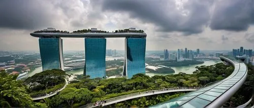 Singaporean architectural design, modern skyscraper, sleek glass facade, intricate steel structure, futuristic curves, Marina Bay Sands-inspired rooftop garden, lush greenery, vibrant cityscape, bustl