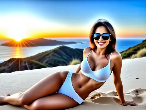 a woman in sunglasses is posing on the sand,girl on the dune,brazilianwoman,ivete,otilia,tropico,beach background