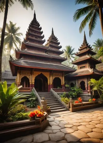 javanese traditional house,thai temple,ubud,buddhist temple complex thailand,buddhist temple,balinese,taman ayun temple,sea shore temple,rumah gadang,bali,kumarakom,kovalam,beomeosa temple,varkala,gianyar,gopura,travancore,mattancherry,vihara,saman rattanaram temple,Illustration,Retro,Retro 04