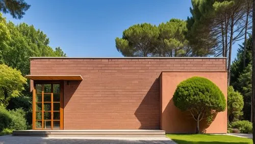 vivienda contemporanea, estilo luis barragan. con arboles y vegetacion abundante. ,a house is shown with large windows and grass,mahdavi,ismaili,crematorium,contemporary,persian architecture,corten st