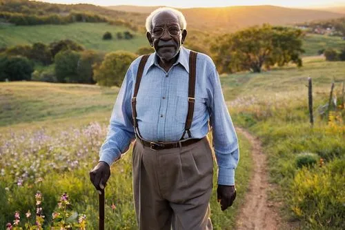 Uncle Ruckus, old man, solo, (70yo), wrinkled face, bushy eyebrows, gray hair, glasses, checked shirt, suspenders, brown pants, worn shoes, walking stick, serene expression, standing, rural area, suns