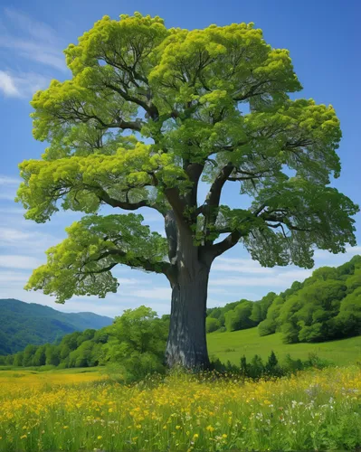 In a serene meadow of wildflowers, a tilia tree stands tall, casting a comforting shade. Write a serene and peaceful scene.,argan tree,oregon white oak,californian white oak,oak tree,argan trees,defen