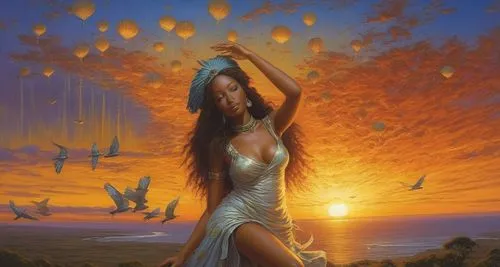 dubbeldam,fantasy picture,fantasy art,savickas,sundancer,skyclad,struzan,inanna,fire dancer,sun,fantasy woman,amphitrite,donsky,sirena,golden rain,mermaid background,coville,kupala,sorceress,karakas,Illustration,Realistic Fantasy,Realistic Fantasy 03