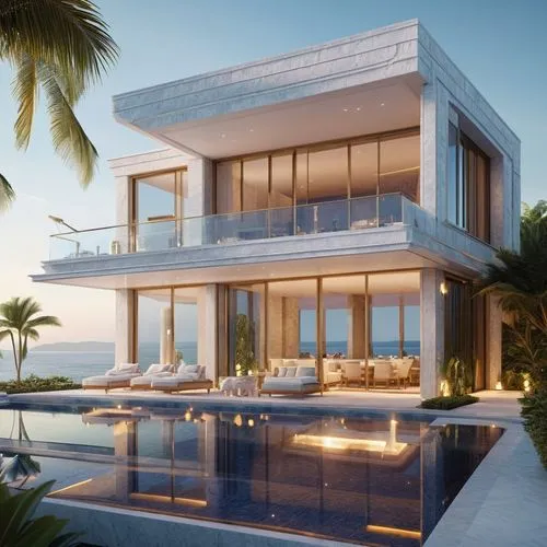 As the sun begins to set, a luxurious villa lounges by the crystal-clear waters of the bay. The villa has a gleaming and sophisticated design, that blends seamlessly into the tranquil surroundings. Th