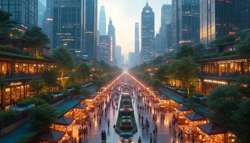 Vibrant cityscape, urban skyscrapers, bustling streets, pedestrian walkways, modern architecture, sleek glass facades, metallic structures, green roofs, rooftop gardens, vertical farming, public art i