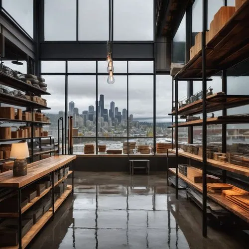 Seattle architectural store, industrial-style building, large glass windows, metal frames, wooden shelves, stacks of building materials, various textures of wood, metal pipes, concrete floors, modern 