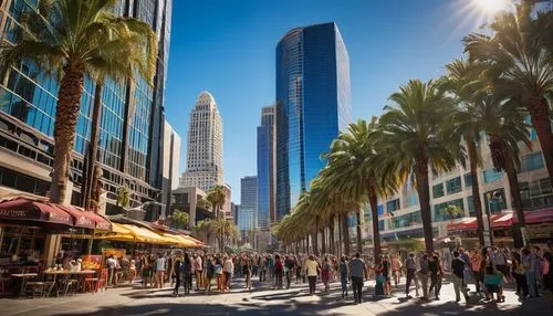 Urban cityscape, Arc Los Angeles CA, modern skyscraper, reflective glass windows, sleek metal framework, bustling streets, crowded sidewalks, people in casual wear, sunglasses, diverse hairstyles, tre