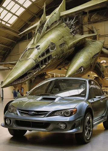 Imagine a futuristic Subaru vehicle at Byers Airport. Describe its features.,dodge intrepid,eagle talon,oldsmobile alero,tenth generation ford thunderbird,dodge avenger,pontiac grand am,general motors