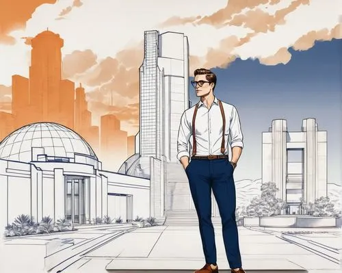 Masculine bachelor, 30s, short brown hair, stylish glasses, fitted white shirt, dark blue trousers, black leather shoes, holding a large portfolio, standing in front of a sleek modern skyscraper, Grif