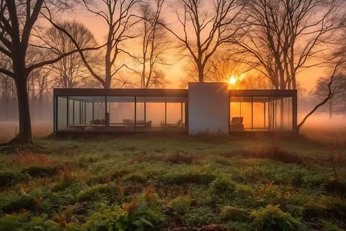 As the sun sets over a desolate meadow, a glass house engulfed by the mist is bathed in a soft orange light. Trees line the scene, their leaves drifting gently in the mist. The glass house seems to re