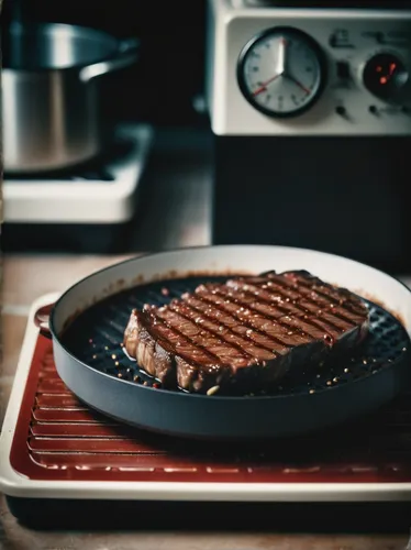 In a futuristic world, describe a high-tech kitchen gadget that can instantly cook perfect pepper steak.,cast iron skillet,steak grilled,beef waygu steaks,sauté pan,flat iron steak,grilled food,steaks