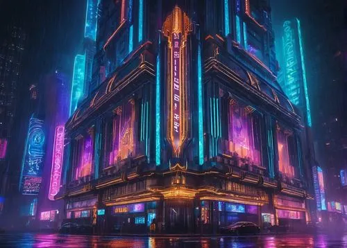 Futuristic, adaptable, modular architecture, skyscraper, cityscape, metropolitan area, sleek lines, metallic materials, LED lights, holographic advertisements, neon-lit streets, rainy night, foggy atm