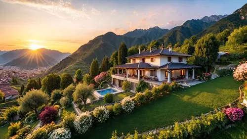 una casa rodeado de montañas y paisaje, al borde de la casa con muchos flores y arboles frutales en un atardecer con luces de iluminacion,a beautiful house overlooking the mountains at sunset,house in