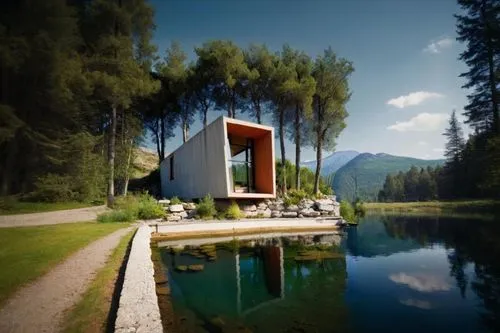 house with lake,zumthor,inverted cottage,mirror house,cubic house,summer house,corten steel,house by the water,house in the mountains,pool house,house in mountains,the cabin in the mountains,snohetta,