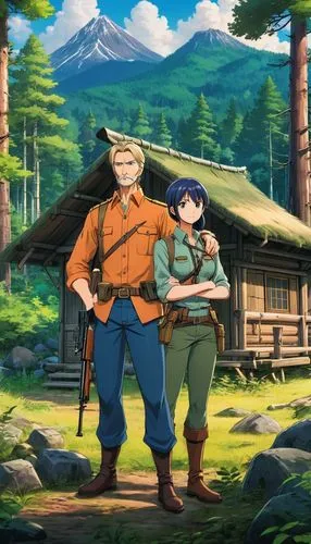 A scenario that has a 50-year-old Finnish hunter holding a bolt-action rifle, next to his 45-year-old wife next to their simple wooden hut and a forest just beyond.,kamuy,butka,chikuzen,dieck,chollo h