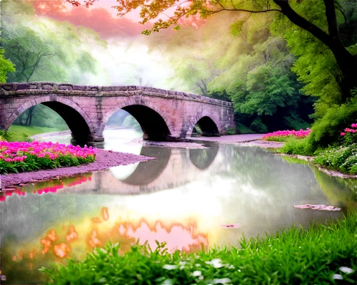 stone bridge,love bridge,rainbow bridge,scenic bridge,viola bridge,angel bridge,gapstow bridge,bridge arch,stourhead,peasholm park,nature background,stone arch,sefton park,old bridge,lotus pond,pont,landscape background,chapel bridge,bridge,photo painting,Illustration,Paper based,Paper Based 06