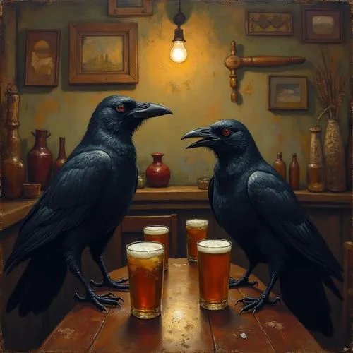 realistic detailed painting of crows drinking in a bar ,two black crows sitting next to each other with glasses in front of them - Crow bar,crows,3d crow,corvidae,ravens,corvids,blackbirds,Illustratio