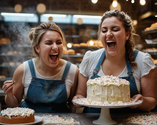 0407 zwei mollige junge frauen machen eone tortenschlacht in einer bäckerei. sie lachen. sie bewerfen sich gegenseitigen mit torten. beide sind komplett mit sahne bedeckt und mit tortenstücken bedeckt