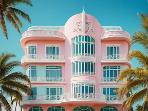 South Beach, Art Deco, luxury villa, pastel-colored, ornate facade, symmetrical composition, palm trees, tropical plants, white sand, clear turquoise water, sunny day, blue sky with few clouds, archit