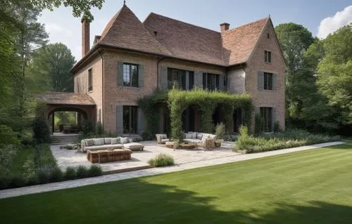 The lanscape of home in the country near eclectic modern brick house with neo-gothic and english style elements. ,the front of a brick house with a grass covered patio,lalanne,manoir,domaine,dumanoir,