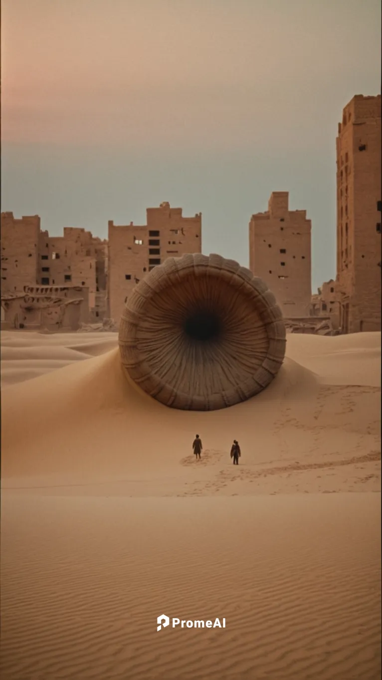 "In the movie Dune, desert scene, two people stand in front of a giant sandworm, with abandoned damaged buildings in the distance.",sand timer,sand clock,capture desert,libyan desert,sossusvlei,desert