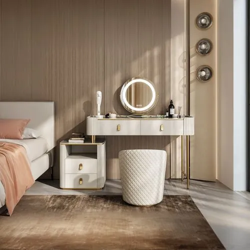 放在现代轻奢风卧室,an elegantly decorated bedroom with a vanity and dressing table,bedside table,modern room,bedside lamp,nightstands,bedroom,modern decor