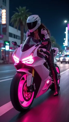 Create a dynamic nighttime portrait of a girl racing through the illuminated streets of Los Angeles on a custom Ducati sports motorbike. The bike stands out with a white and pink gradient, adorned wit