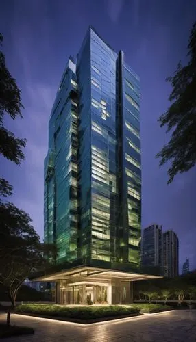 Modern skyscraper, futuristic, sleek lines, silver metallic exterior, reflective glass windows, angular rooftop, urban cityscape, bustling streets, towering high-rise buildings, contemporary architect