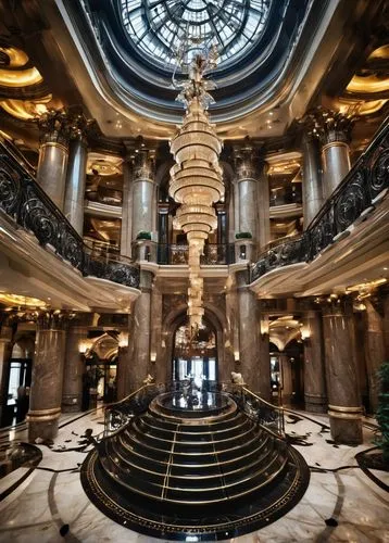 Grand, luxurious skyscraper, modern architecture, sleek lines, reflective glass, metallic accents, intricate stone carvings, imposing entrance, grand staircase, ornate chandeliers, lavish lobby, marbl