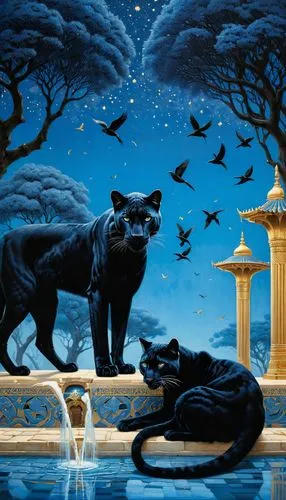 bagheera,melanism,fantasy picture,salem,panthera,night scene,Illustration,Realistic Fantasy,Realistic Fantasy 08