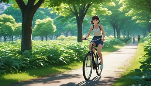 A girl rides a bicycle through a park, surrounded by lush greenery. The tranquil atmosphere of a natural environment. Shinkai Makoto, movies, film, realism Shinkai Makoto anime style Shinkai Makoto an