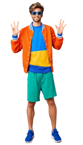 Funny, comedic, playful, exaggerated facial expression, bright colorful clothing, oversized sunglasses, messy hairstyle, cartoonish props, goofy posture, jumping, throwing hands up, crossed legs, vibr