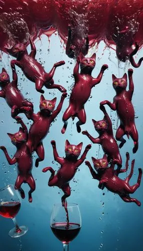 A cluster of wet micro-cats diving in an ocean of wine,dolphins in water,synchronized swimming,school of fish,underwater playground,underwater world,aquatic animals,underwater fish,bottlenose dolphins