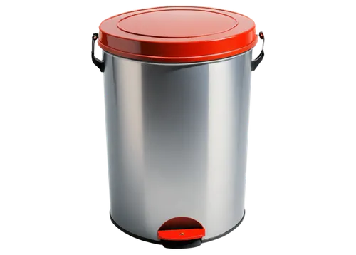 Metal trash can, silver body, red lid, rusty handle, reflective surface, transparent background, solo, realistic, detailed texture, morning light, 3/4 composition, shallow depth of field, warm color t