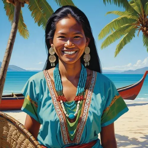 Tropical island, Southeast Asia, Tangkas tribe, indigenous people, woman, woven basket, traditional clothing, colorful beads, long black hair, bright smile, standing, beachside, palm trees, wooden can