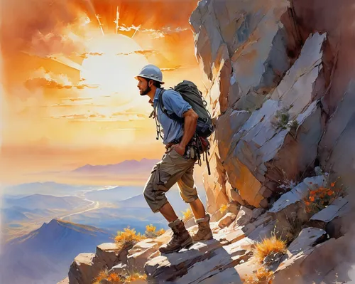 mountain guide,mountaineer,hiker,via ferrata,towards the top of man,hiking equipment,alpine crossing,mountain hiking,mountain climber,the wanderer,mountaineering,alpine climbing,world digital painting,trekking pole,spitzkoppe,mountain sunrise,backpacking,arête,trekking poles,mountain scene,Conceptual Art,Oil color,Oil Color 03