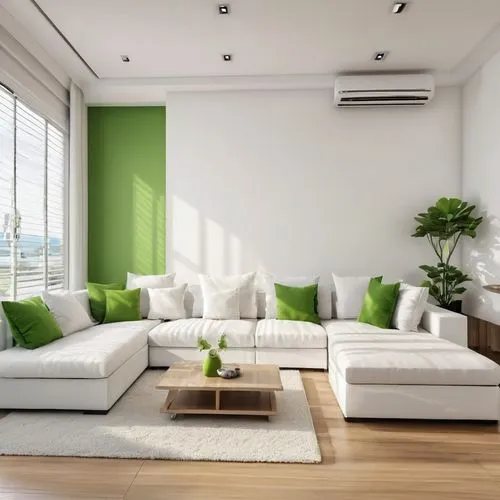 Suggest painting for interior Single storey terrace house with 2 rooms, living hall. White color will be the main color and match with little bit of lightest green color,contemporary decor,modern deco