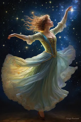 whirling,falling star,mystical portrait of a girl,gracefulness,light bearer,fairies aloft,constellation swan,dance with canvases,runaway star,astral traveler,dance,cosmos wind,leap for joy,star winds,dancer,divine healing energy,fantasy picture,faerie,falling stars,queen of the night,Art,Classical Oil Painting,Classical Oil Painting 06