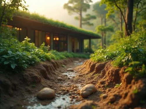 Natural, earthy tone, muddy texture, organic material, sustainable design, eco-friendly architecture, modern villa, green roof, lush vegetation, serene atmosphere, warm lighting, 3/4 composition, clos