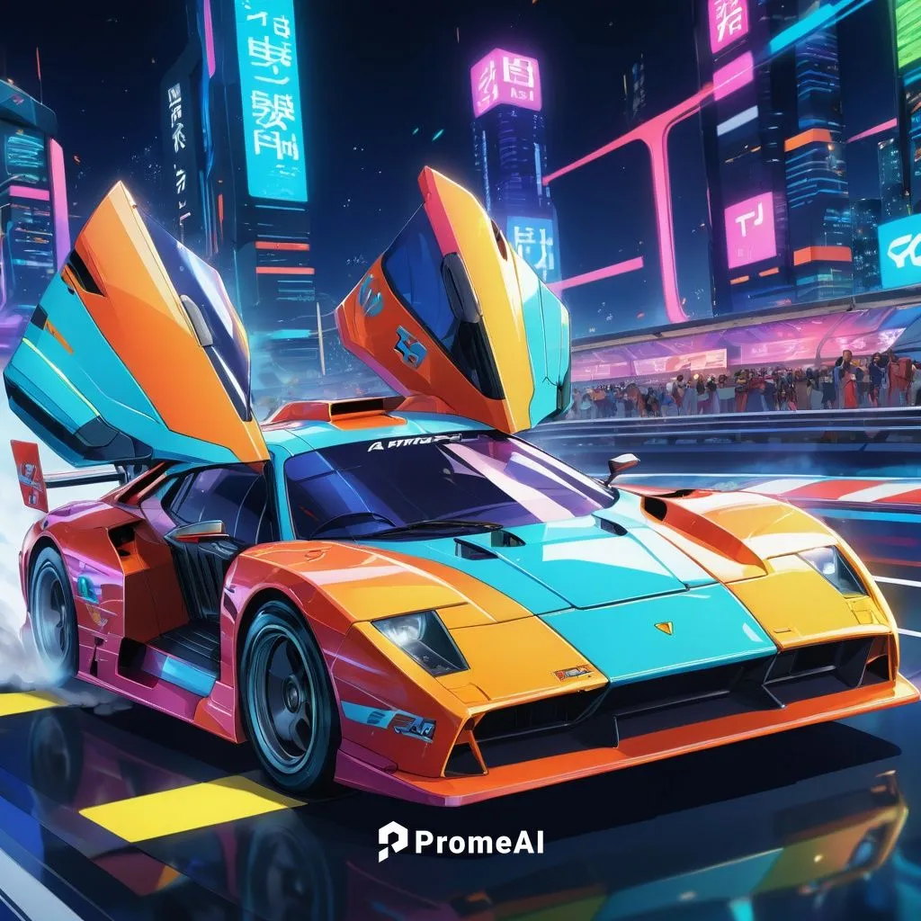 A futuristic car race based on designs from the 1990s.,3d car wallpaper,game car,neon arrows,elektrocar,zonda,80's design,vector,corvette,racer,cartoon car,racing road,racing machine,race car,autotron