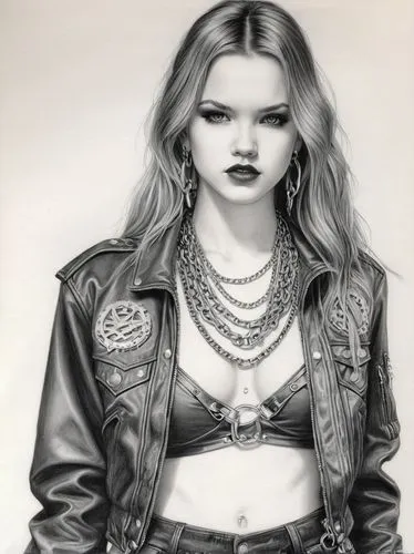 ANYA OLSON, in 1990s Heavy Metal clothes, chains, rivets,pencil drawing,pencil drawings,charcoal pencil,lotus art drawing,charcoal drawing,girl drawing,jean jacket,pencil art,grunge,leather jacket,fas