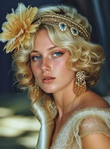 a beautiful blonde girl wearing a flower headpiece and a gold crown,bridal jewelry,headdress,headpiece,vintage makeup,diadem,headdresses,Photography,General,Realistic