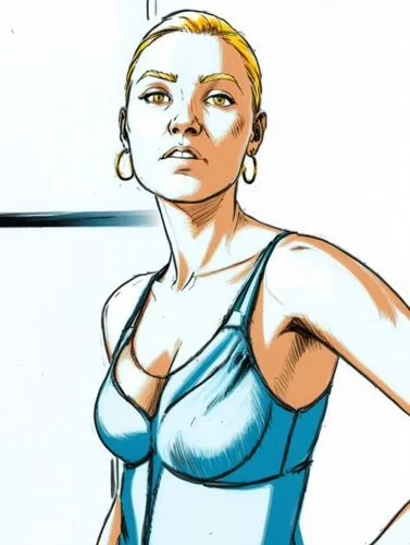 simple drawing of a woman with blonde hair in a dress near a window,a cartoon of a blonde girl standing with her hands on her hips,palmiotti,cassaday,sandahl,lilandra,mckelvie,dazzler,Conceptual Art,F